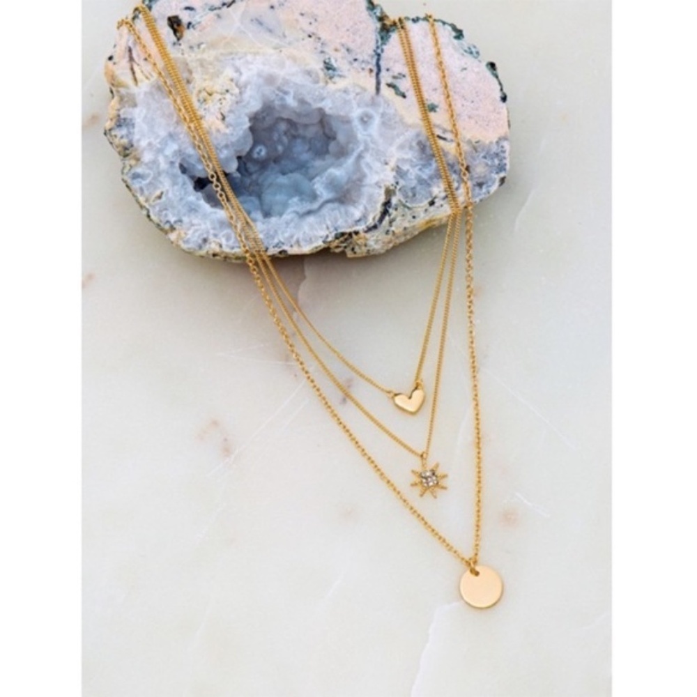 Gold Three Row Star Heart Disk Charm Necklace